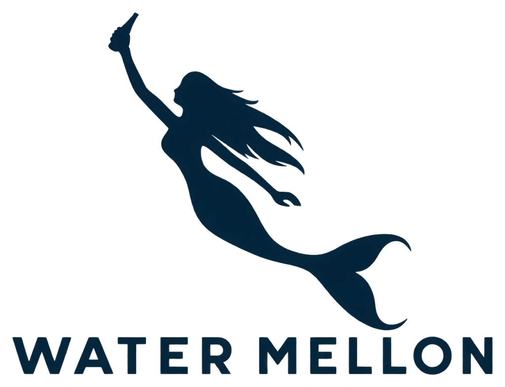 Water Mellon logo: a mermaid swimming upwards holding a shell, above the words Water Mellon.